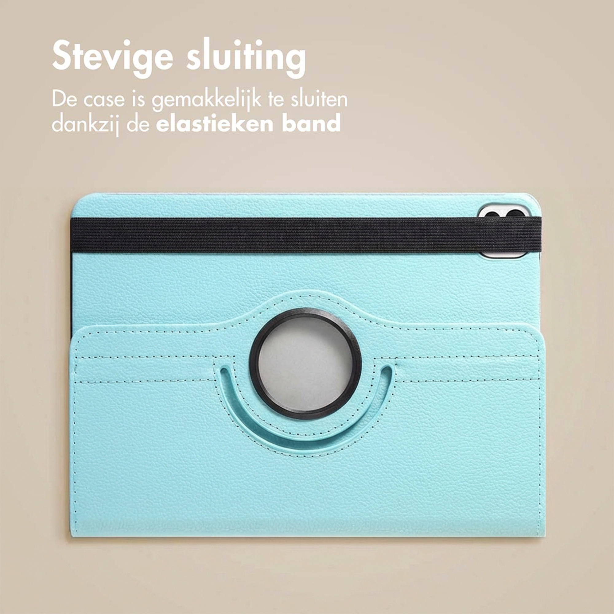 Light blue tablet case with a black elastic band and a rotating ring in the center.
