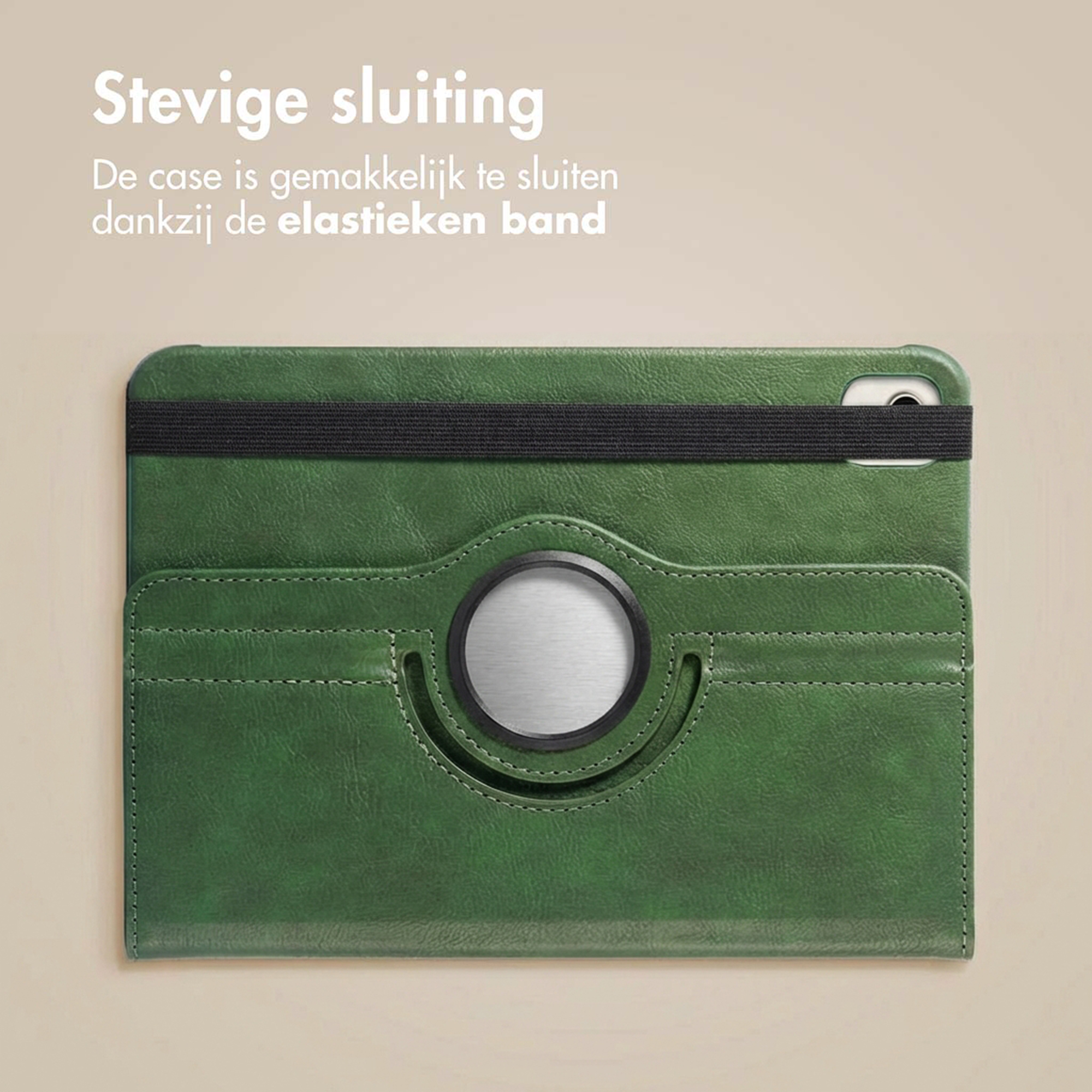 Green tablet case with black elastic band and silver circular detail.