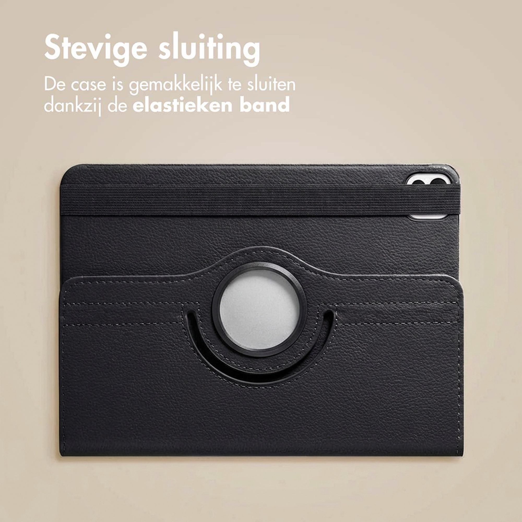 Zwarte tablethoes met elastische band en een centrale draaiknop.