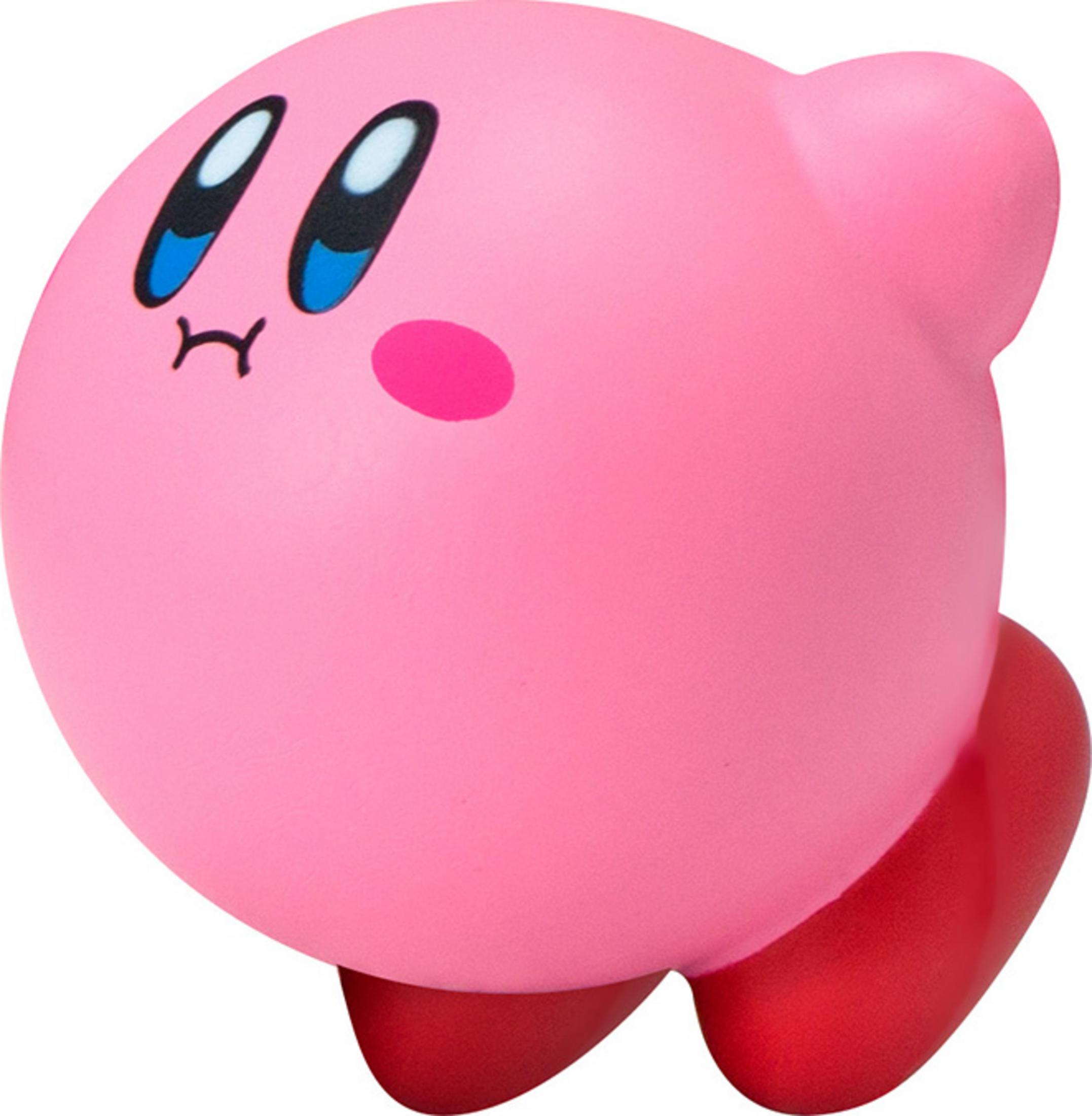 Un personnage rose avec des yeux bleus et des pieds rouges.