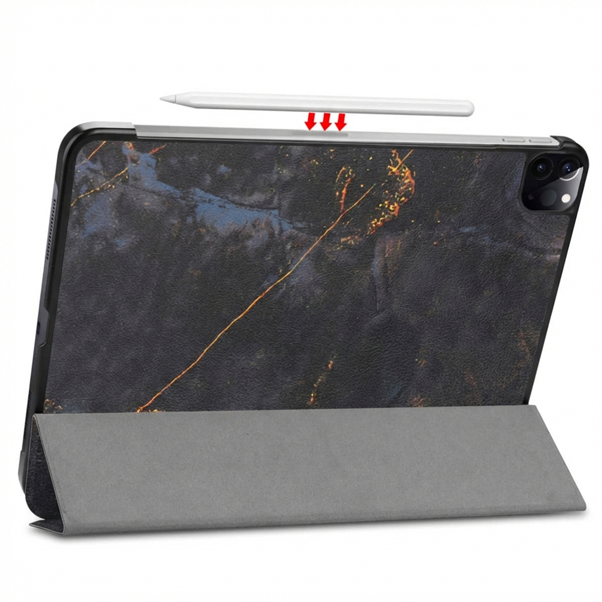 A tablet with a marble pattern case and stylus, standing upright.