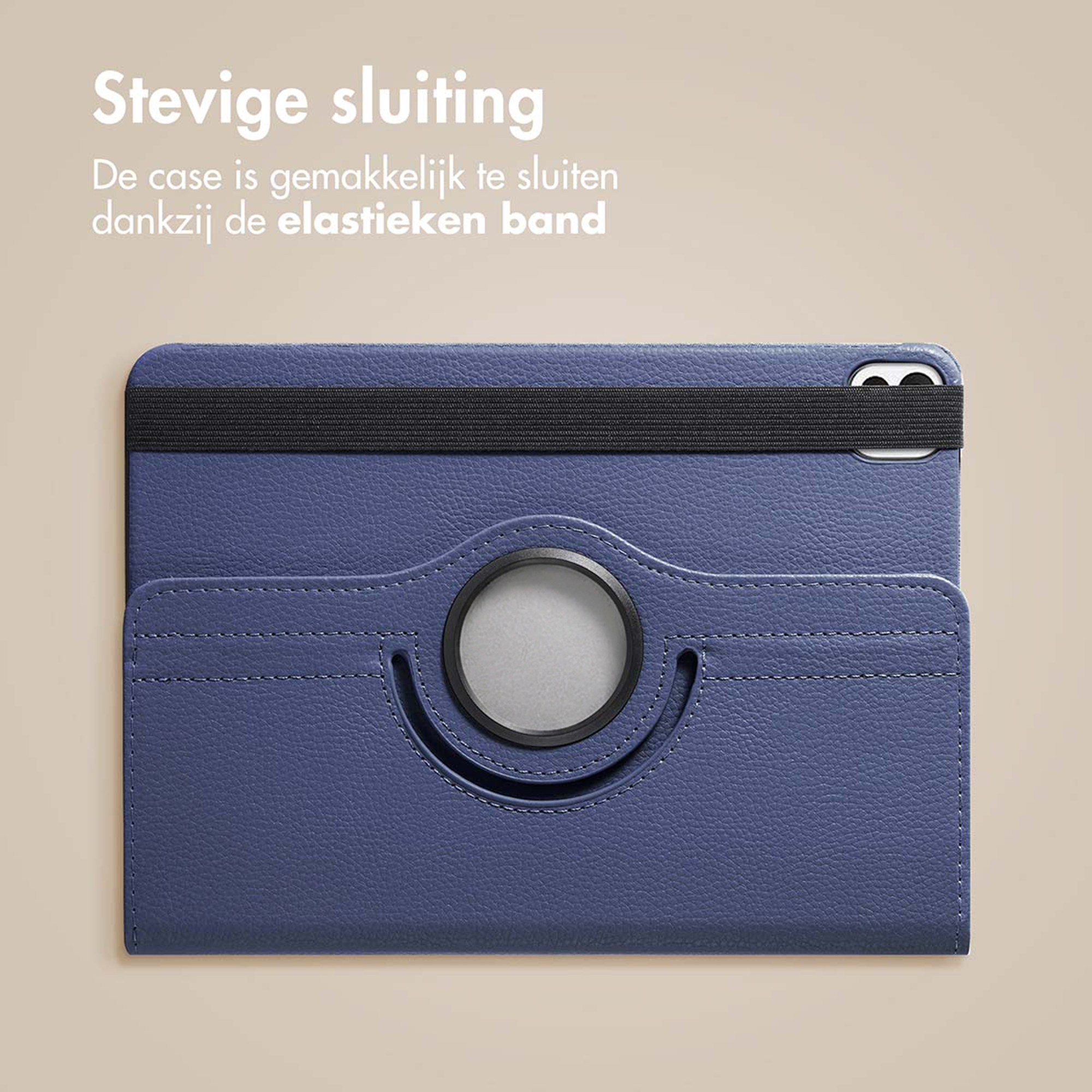 A dark blue case with a black elastic band and a rotating holder.