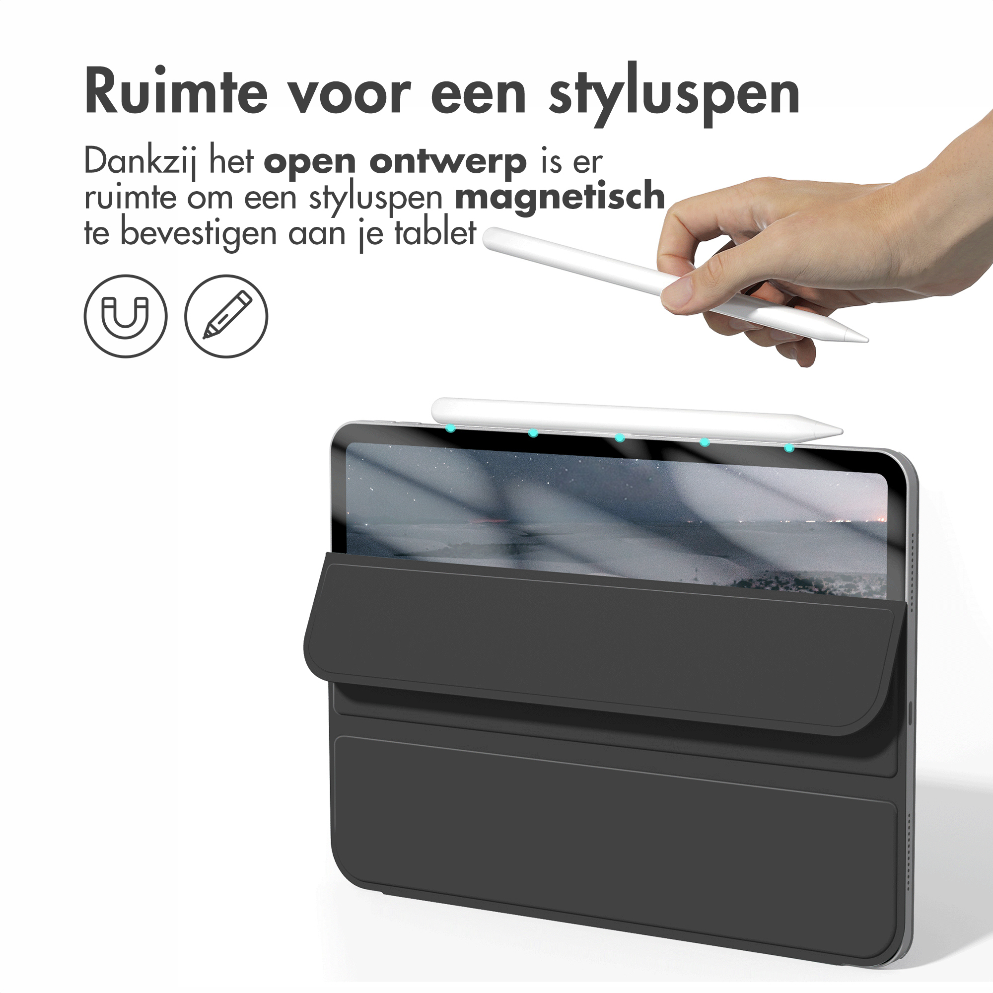 Een stylus wordt magnetisch bevestigd aan een tablet in een hoes. Twee iconen getoond.
