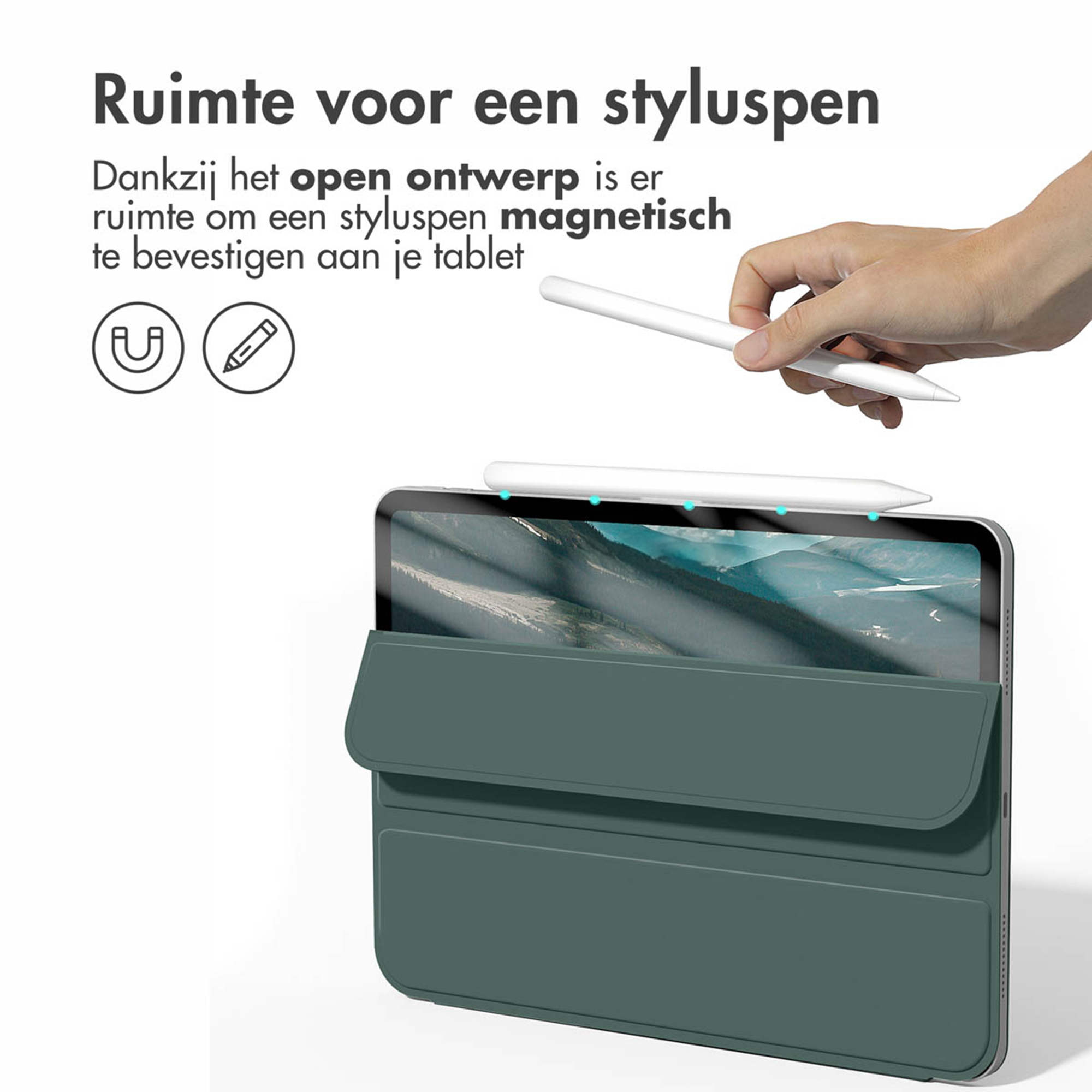 Een tablet met groene hoes en stylus, vastgehouden door een hand.