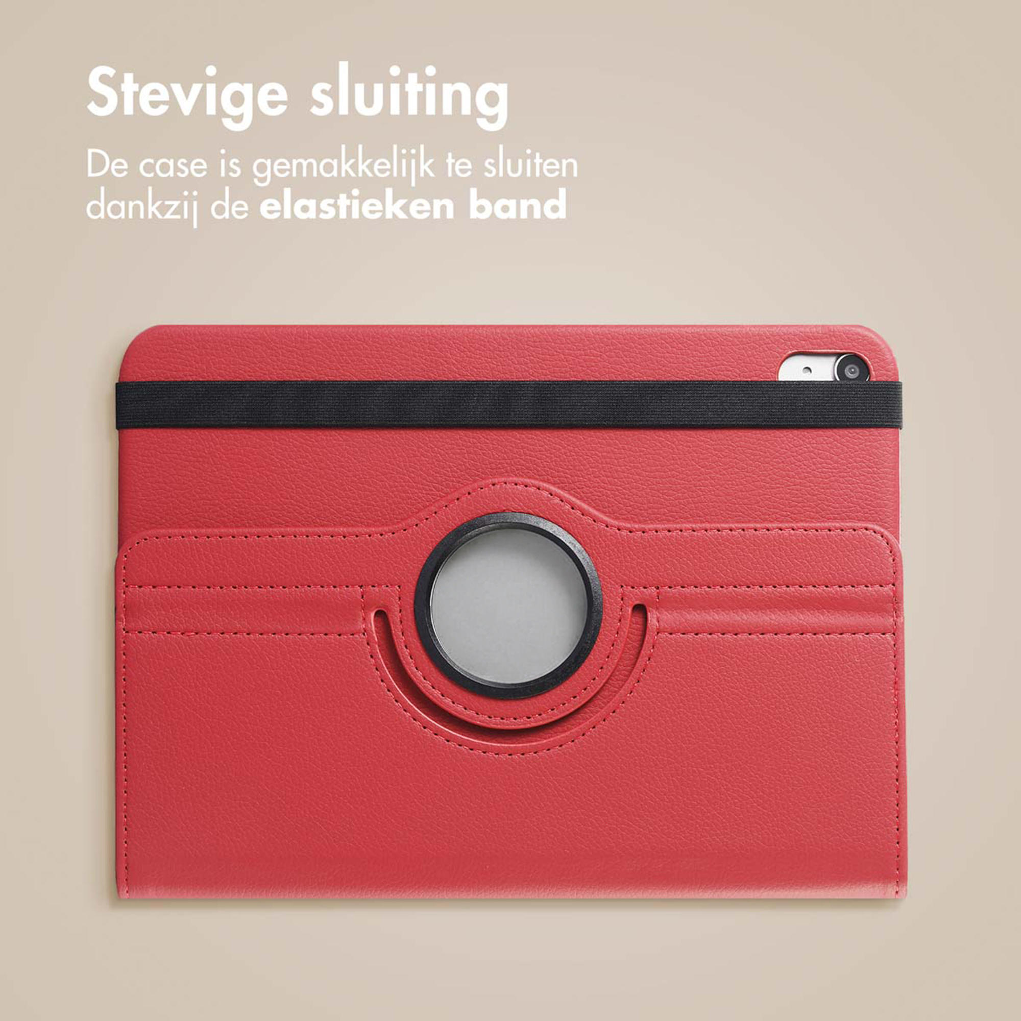 Red case with black elastic band and silver circle detail.