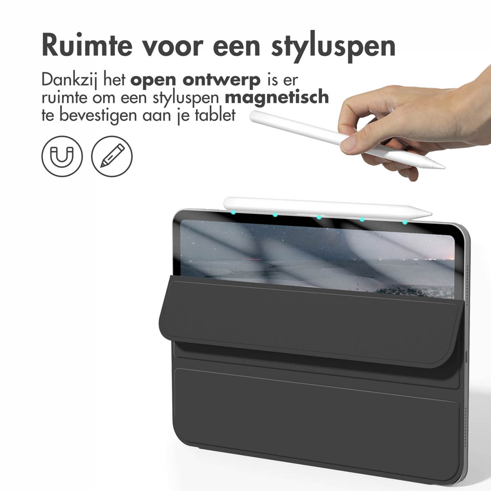 A tablet with a case and a stylus being magnetically attached.