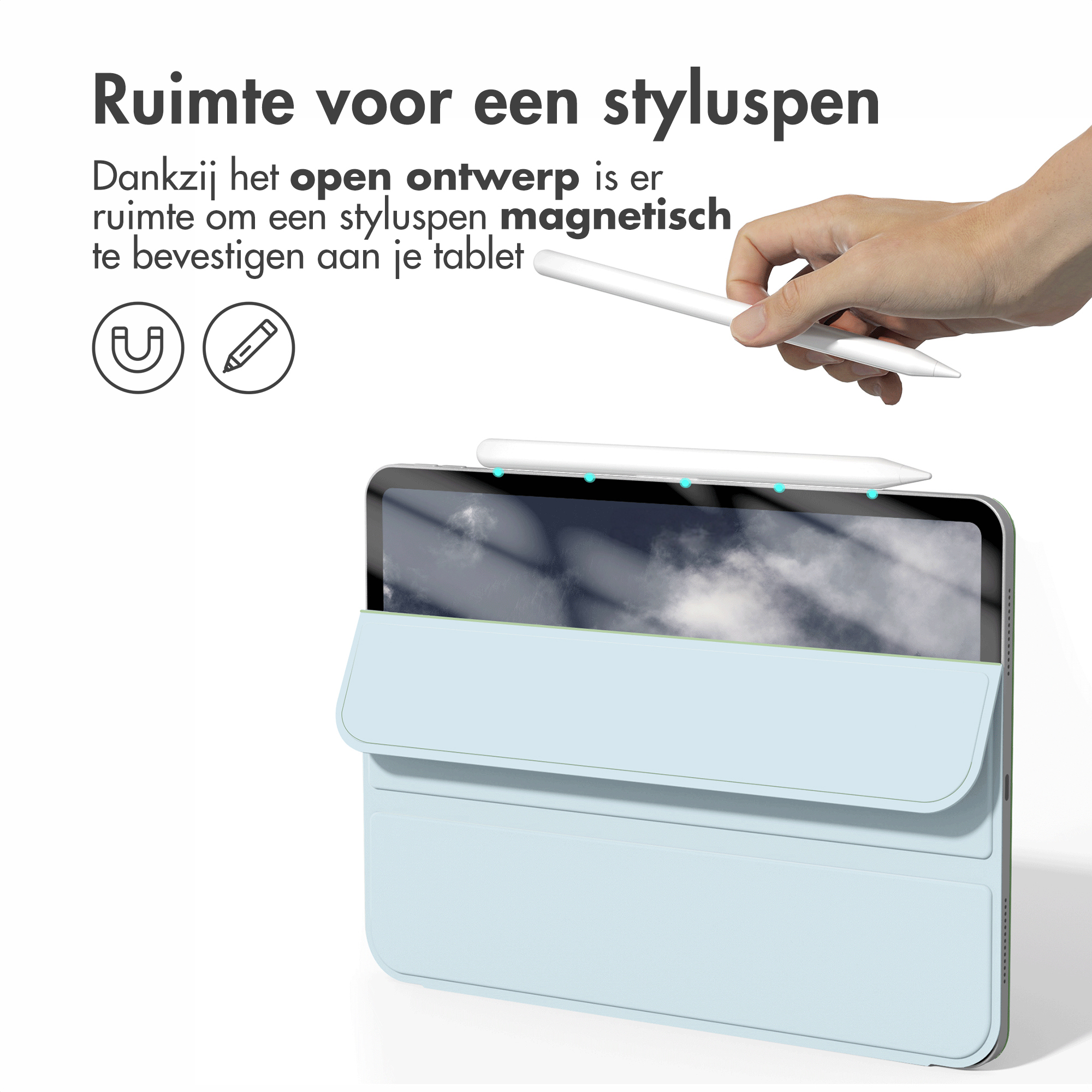 A stylus is attached to a tablet covered by a light blue case.
