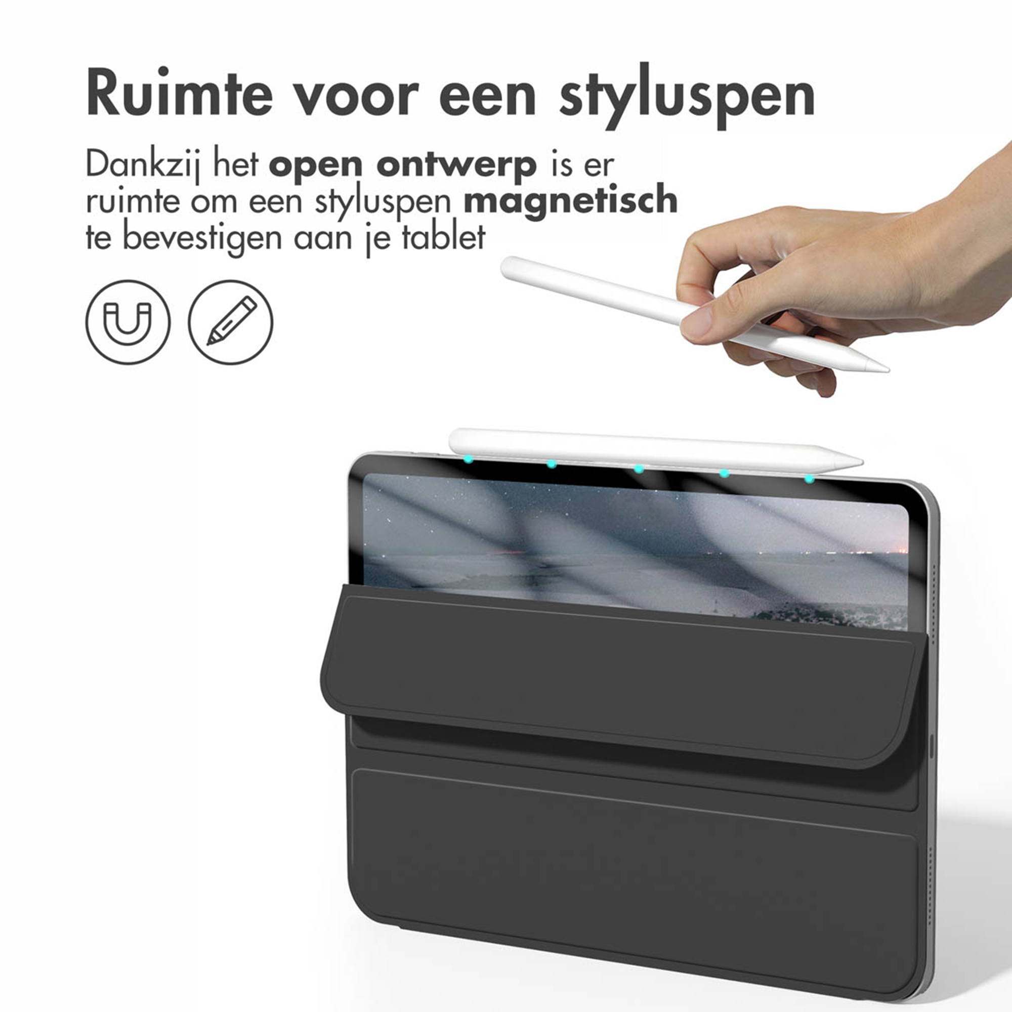 A stylus is attached to a tablet protected by a case.