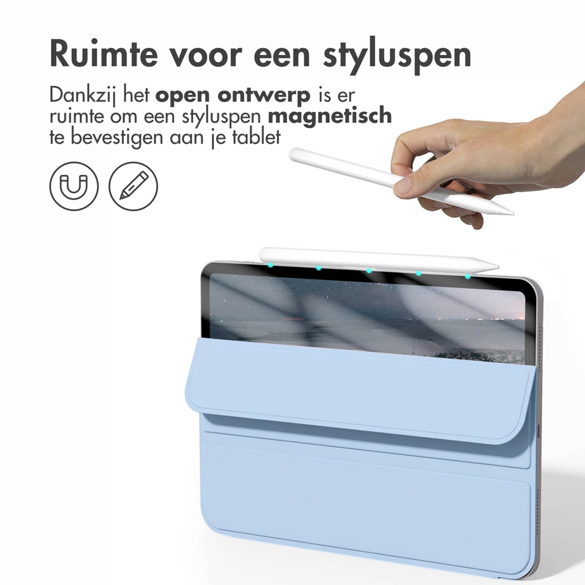A light blue tablet with a stylus and open stand.