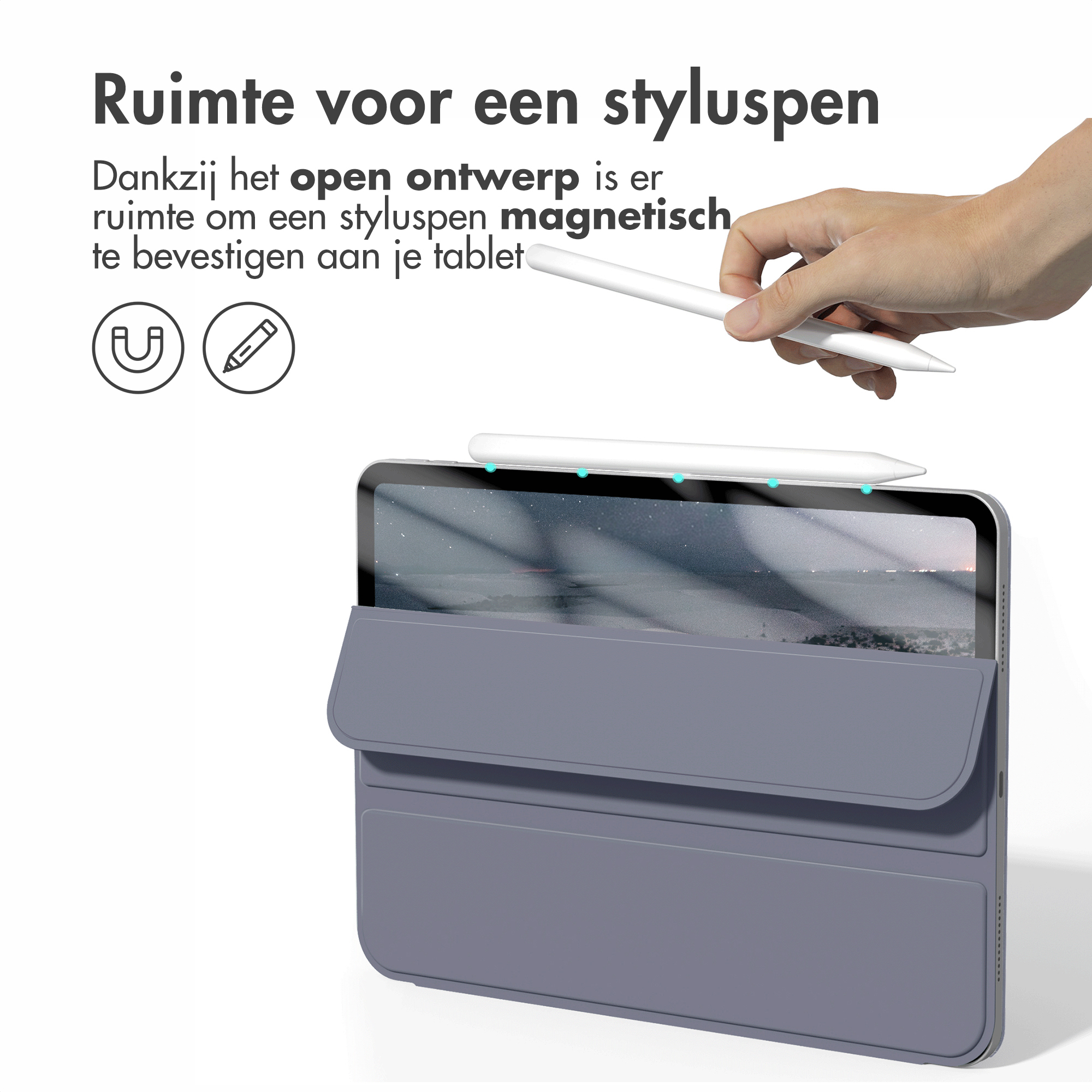 A stylus magnetically attaches to a tablet in a gray case. Icons show magnet & pencil.