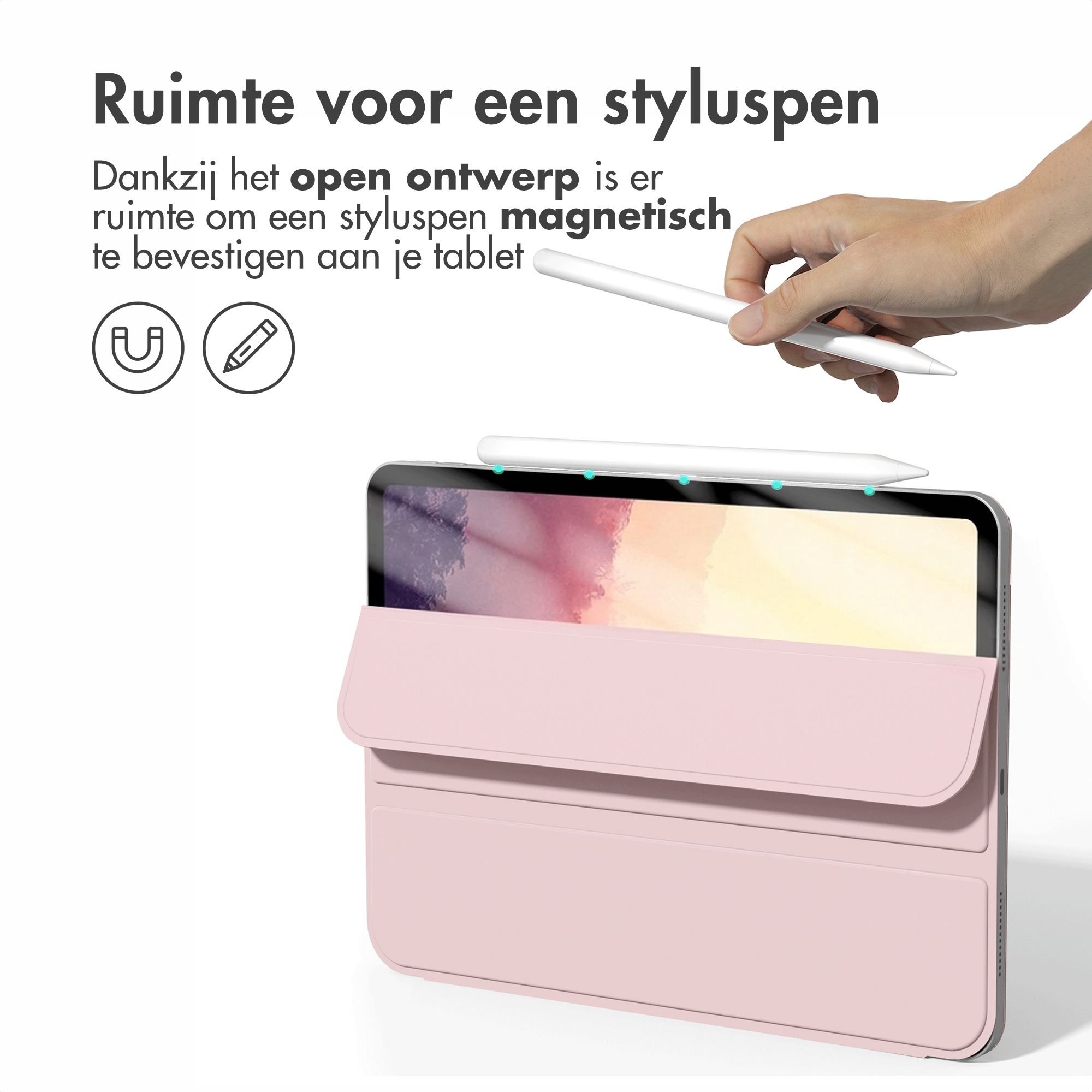 A stylus is magnetically attached to a pink tablet cover.