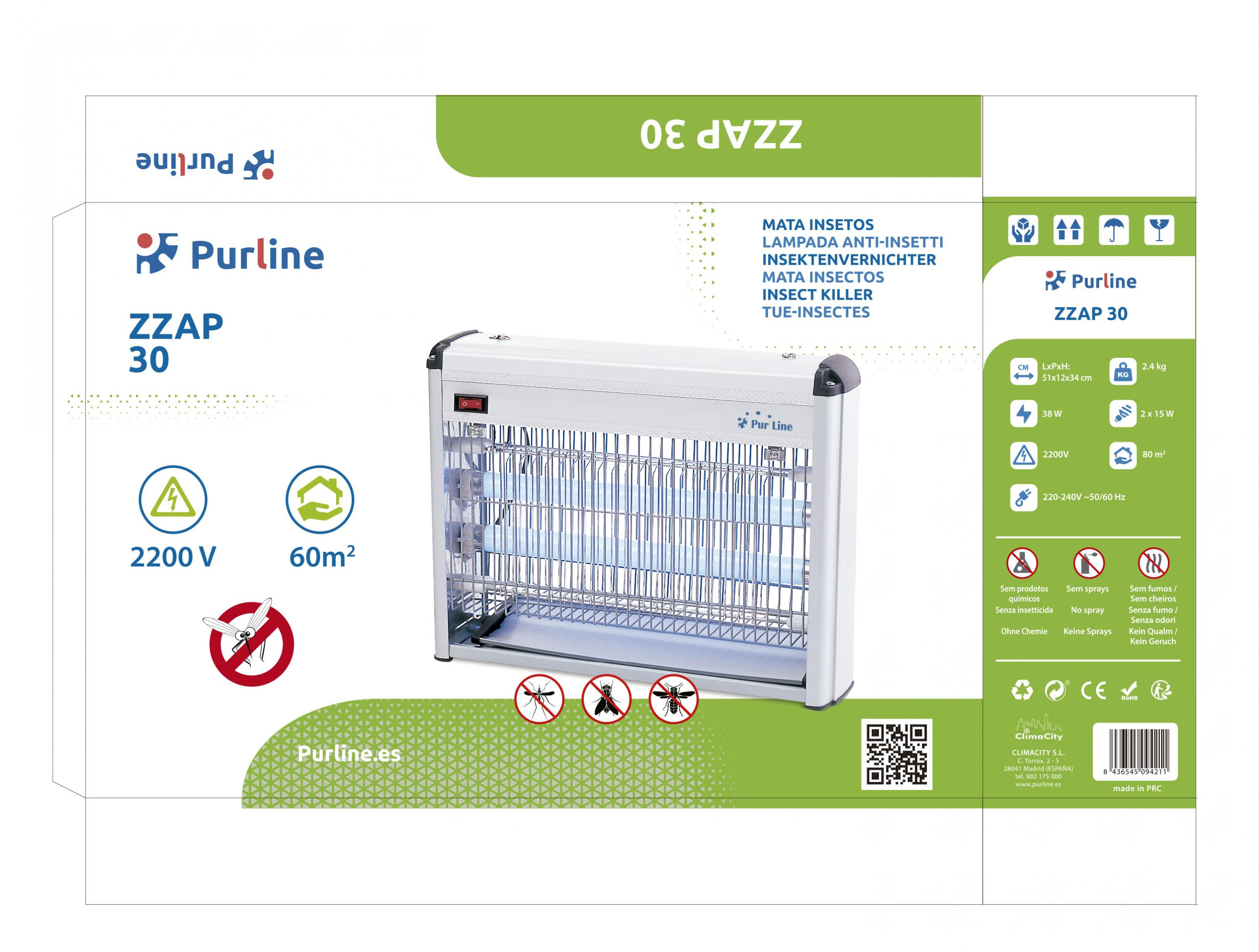 Un insecticida blanco Purline ZZAP 30 con especificaciones y&nbsp;&iacute;conos.