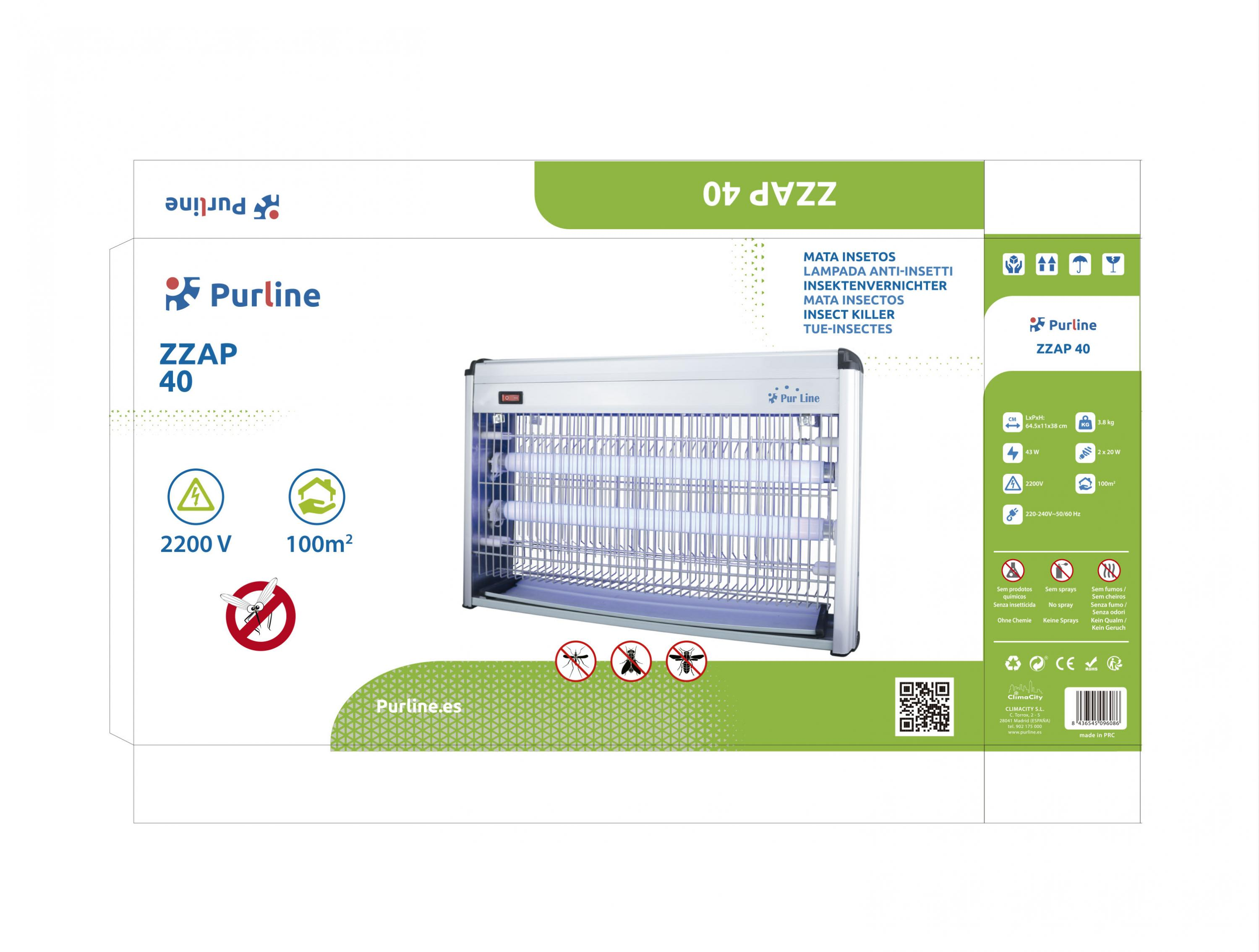 Purline ZZAP 40 mata insectos con carcasa metálica plateada y tubos azules.