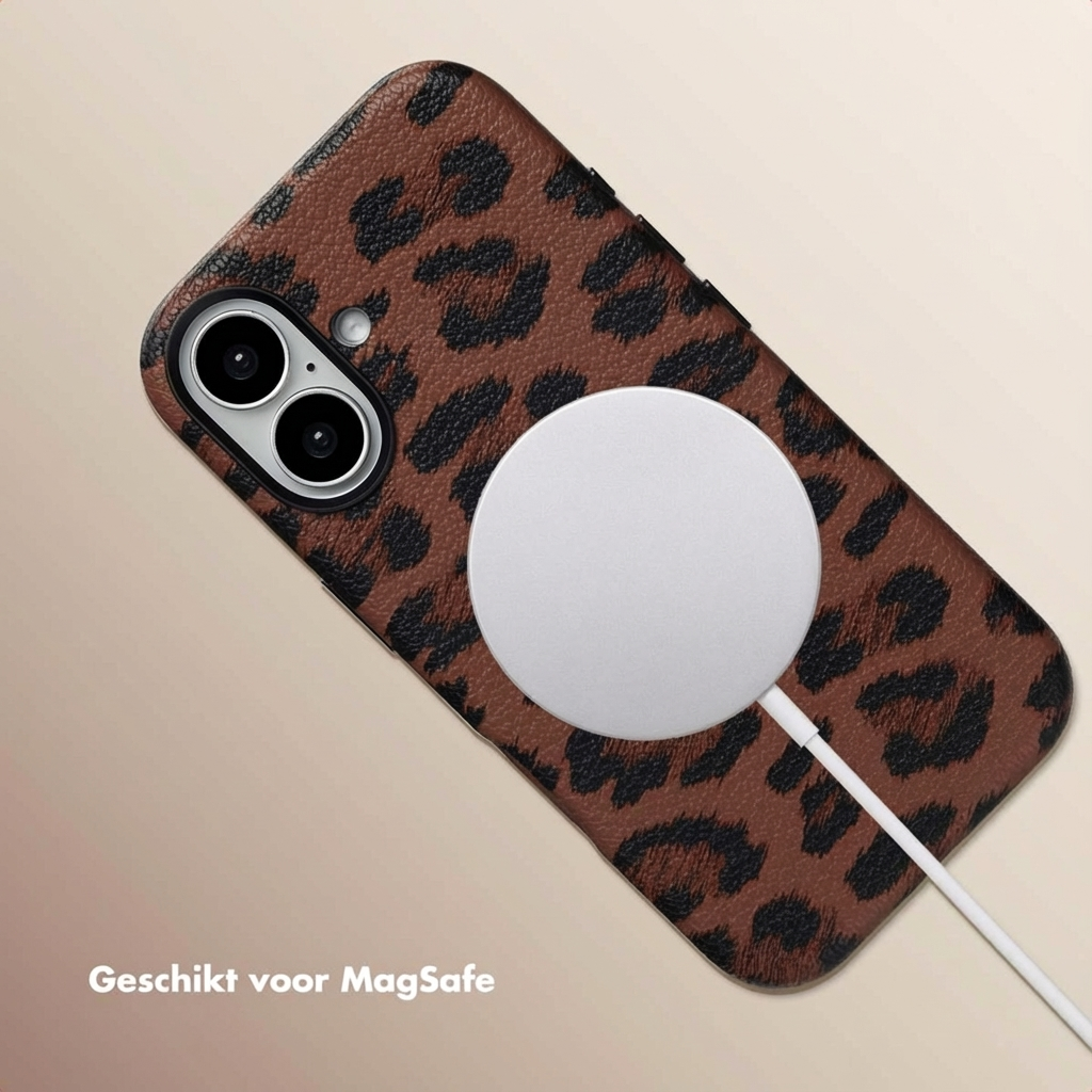 Bruine telefoonhoes met luipaardprint en MagSafe-oplader.