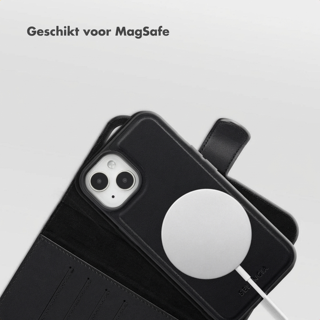 Zwarte telefoonhoes met MagSafe-oplader en iPhone 11-camera's.