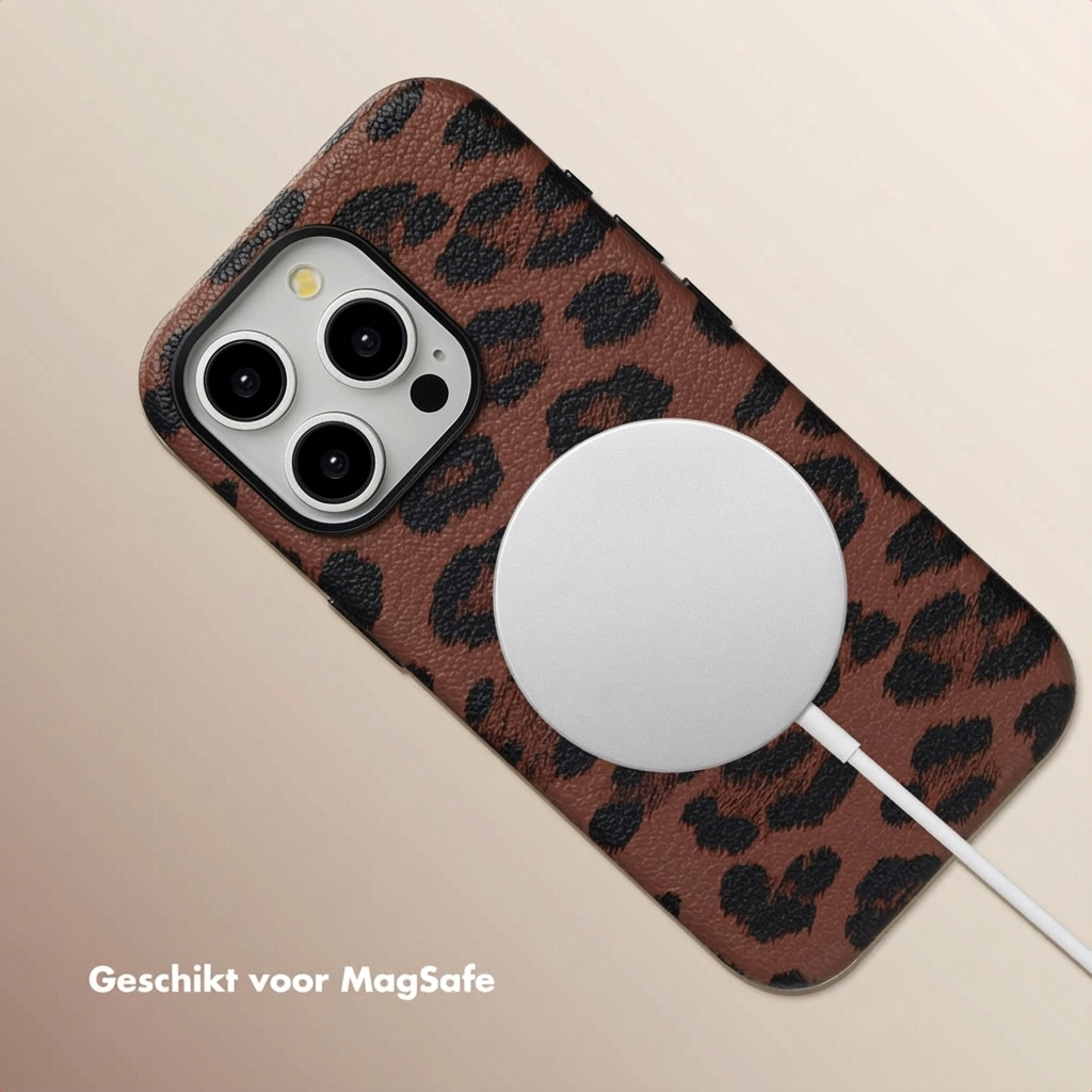 Bruine telefoonhoes met luipaardprint en MagSafe-lader.