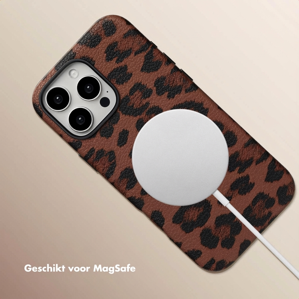 Bruine telefoonhoes met luipaardprint en MagSafe oplader.