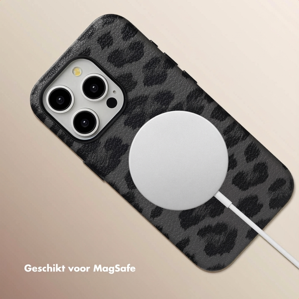 Zwarte telefoonhoes met luipaardprint en MagSafe-oplader.