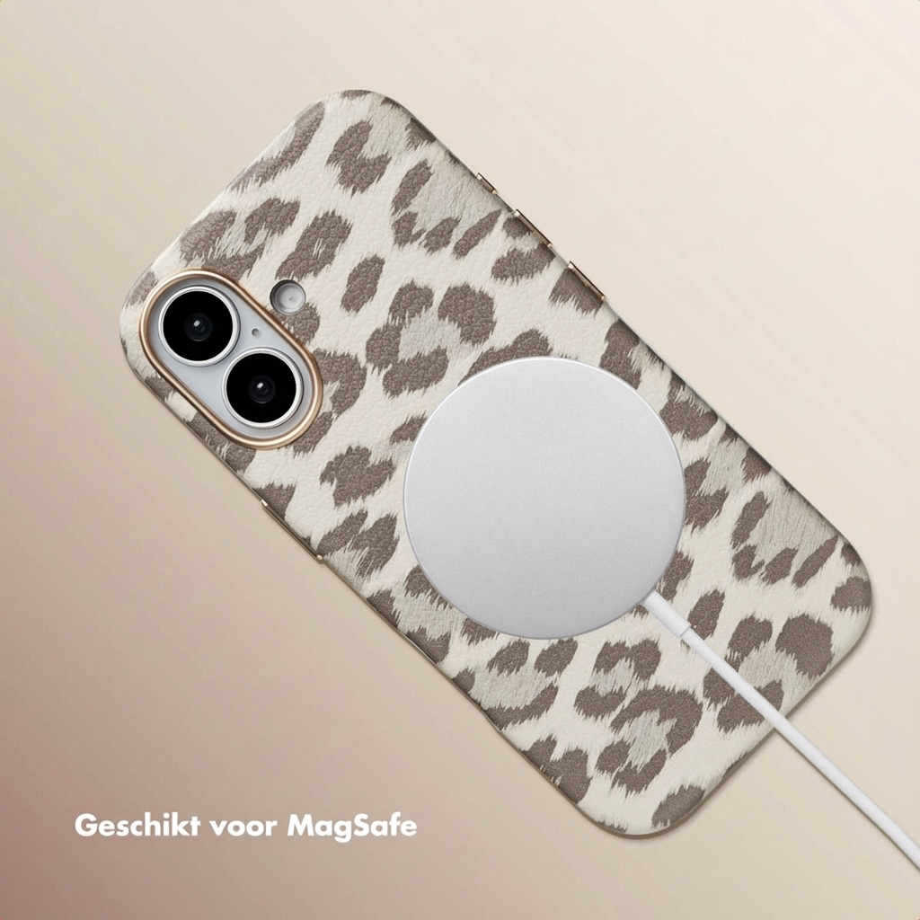 Een telefoon met luipaardprint hoesje en MagSafe oplaadkabel.