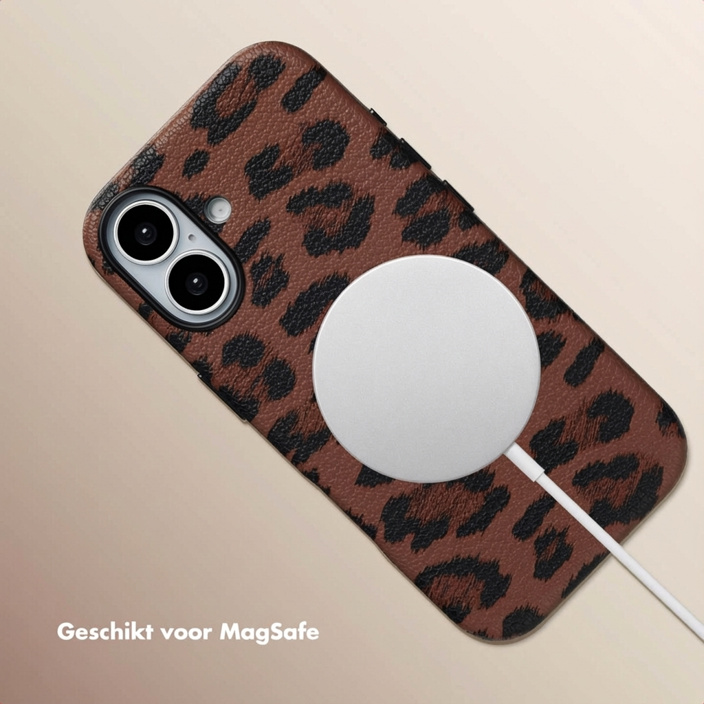 Coque de téléphone marron à imprimé léopard avec chargeur MagSafe.