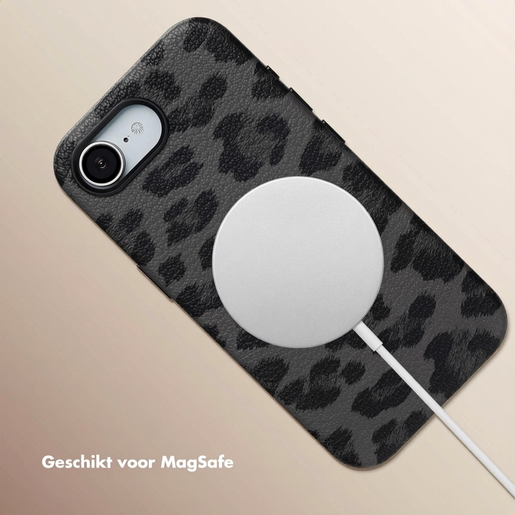 Una cover per telefono leopardata con caricabatterie MagSafe.