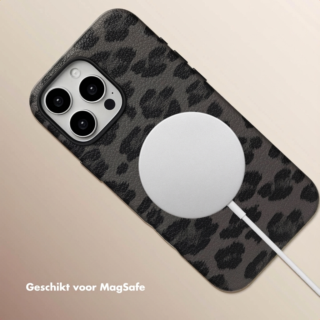 iPhone met luipaardprint hoesje en MagSafe lader.