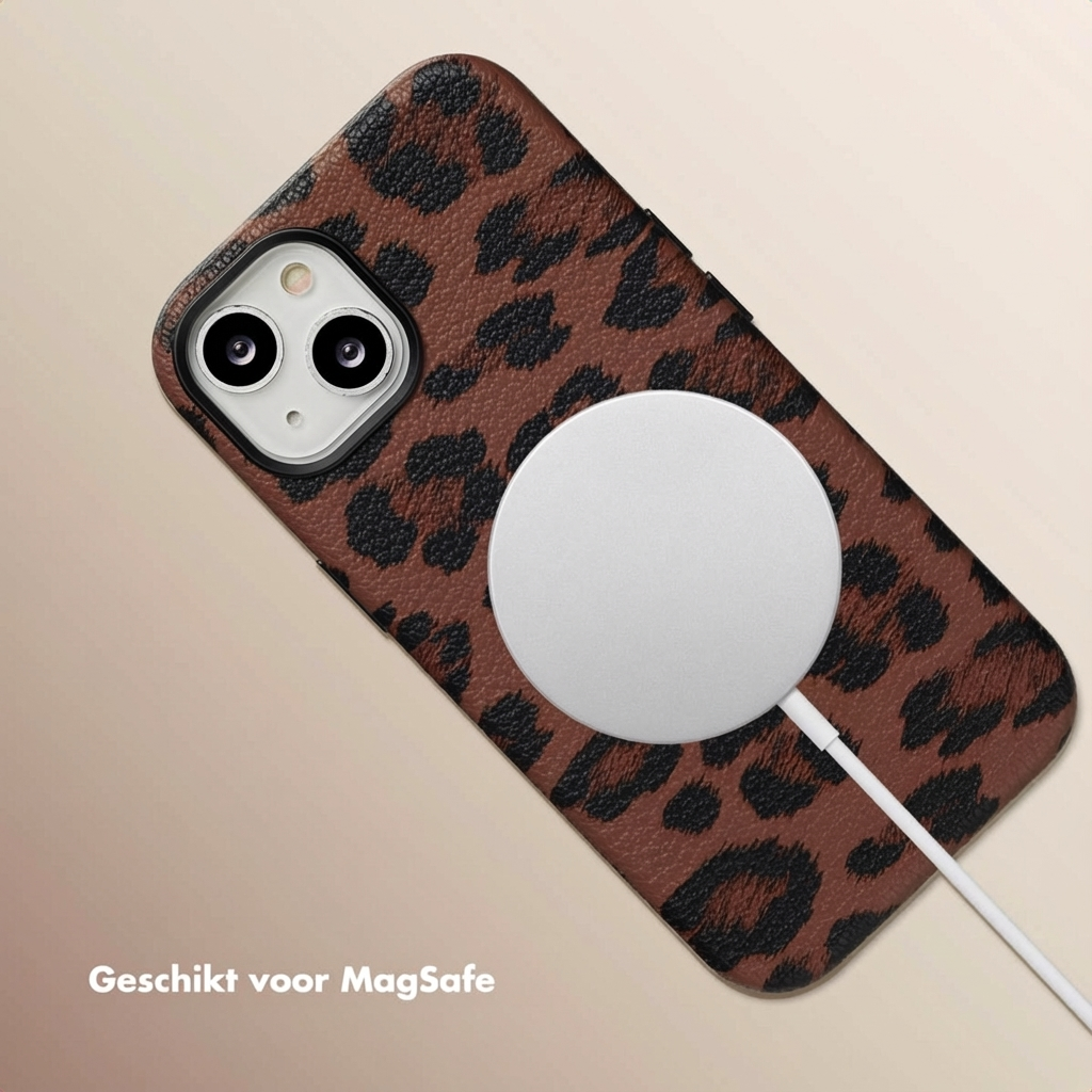 Bruine telefoon met luipaardprint en MagSafe lader.
