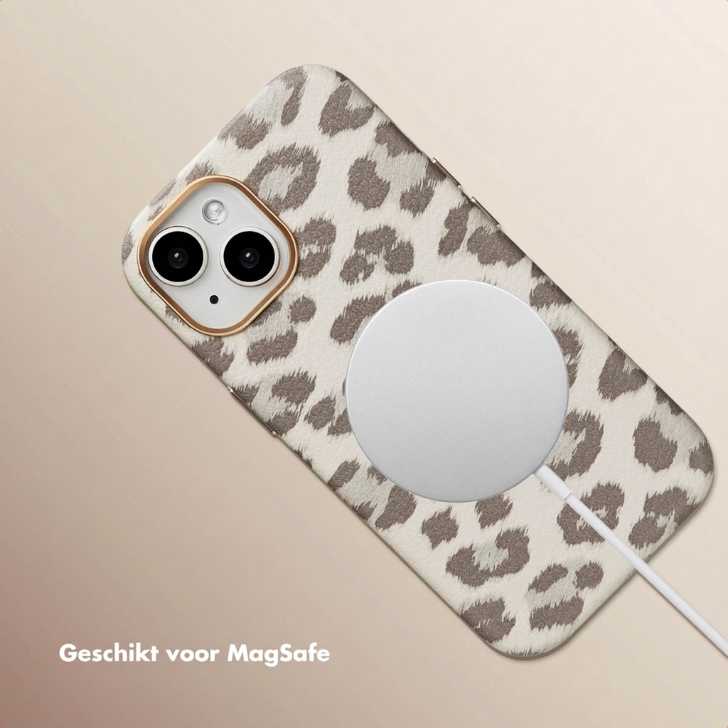 iPhone case with leopard print and MagSafe charger.