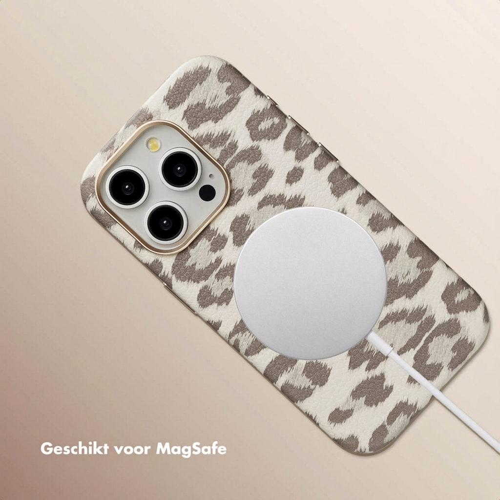 Leopardprint telefoonhoes met MagSafe lader en camera.