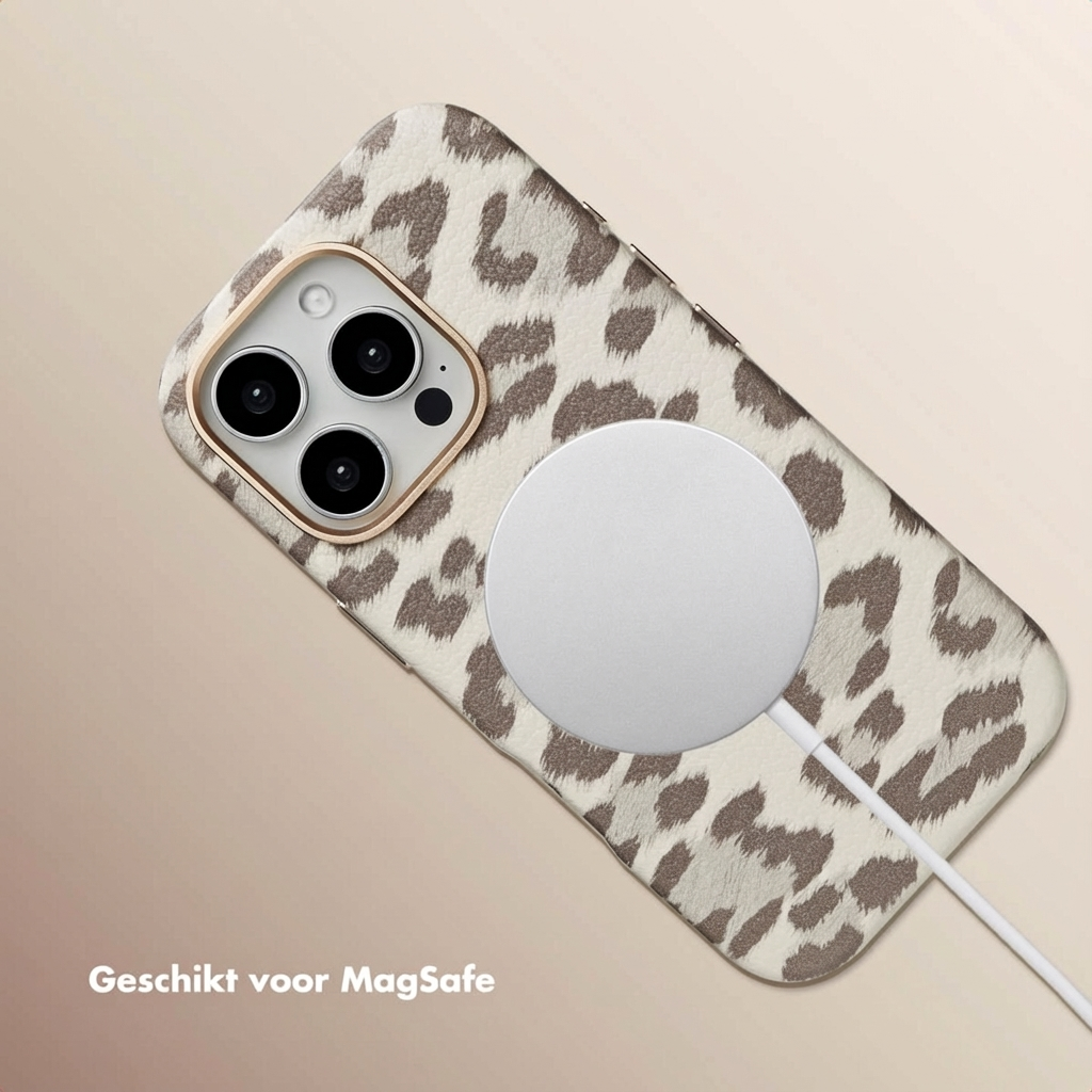 Un telefono bianco con stampa leopardata e caricatore MagSafe.