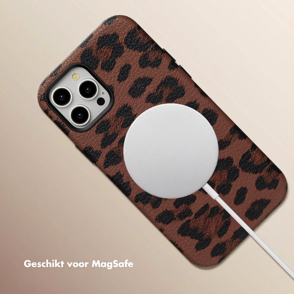 Bruine telefoonhoes met luipaardprint en witte MagSafe-oplader.