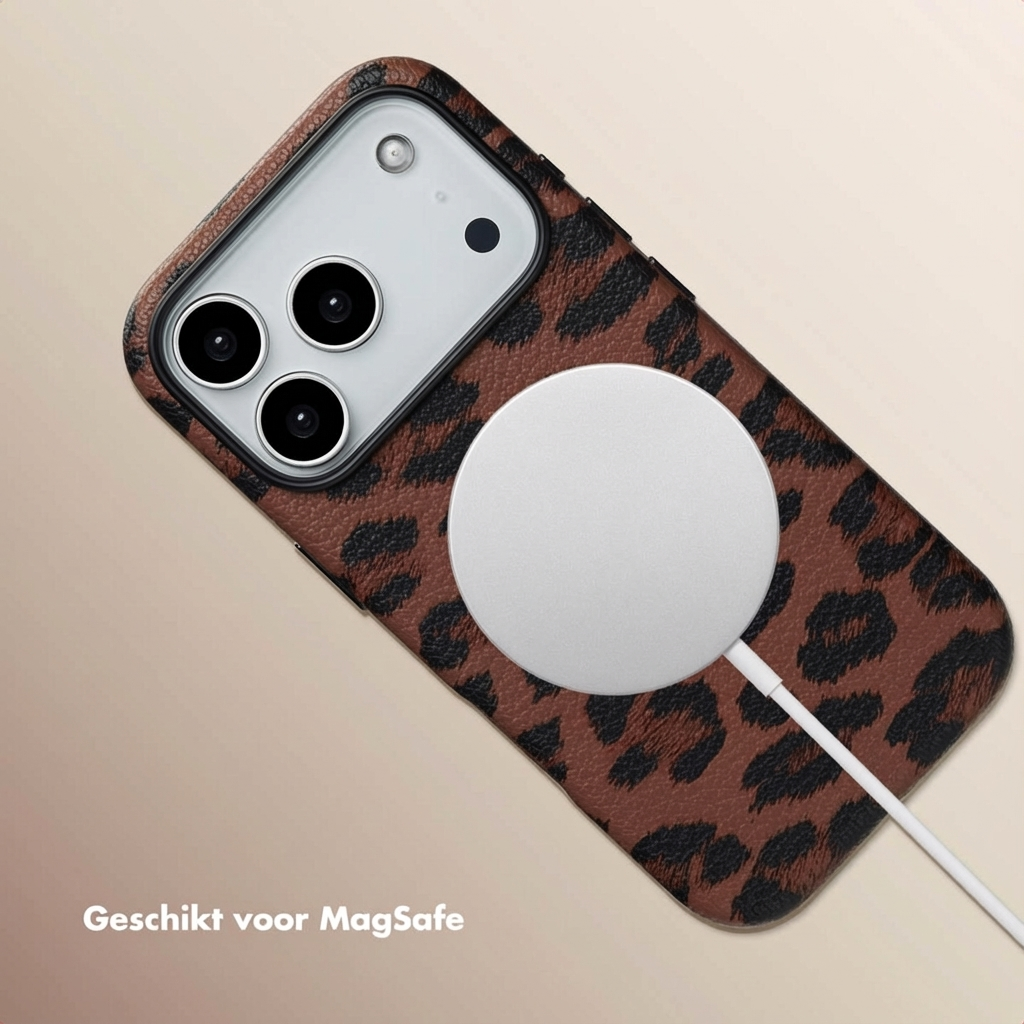 Cover telefono marrone leopardato con caricatore MagSafe.