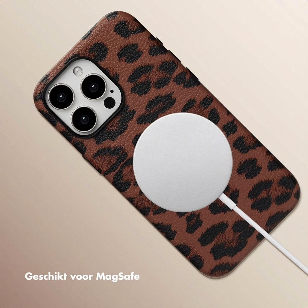 Coque de téléphone imprimé léopard marron avec chargeur MagSafe.