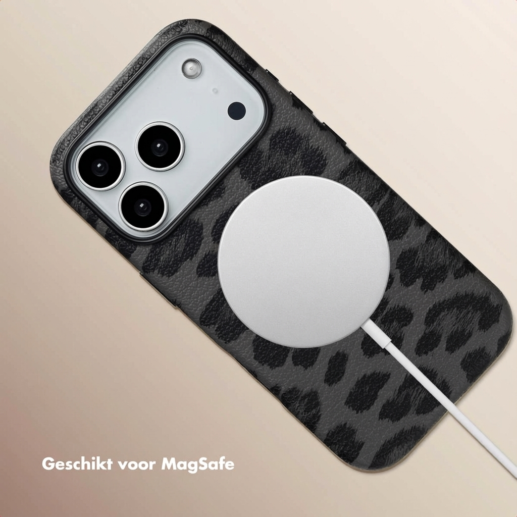 Un iPhone con cover leopardata e caricatore MagSafe.