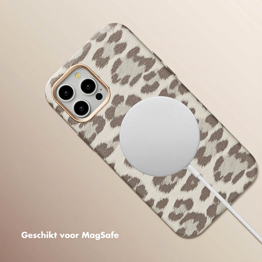 Een iPhone met luipaardprint hoesje, MagSafe geladen.