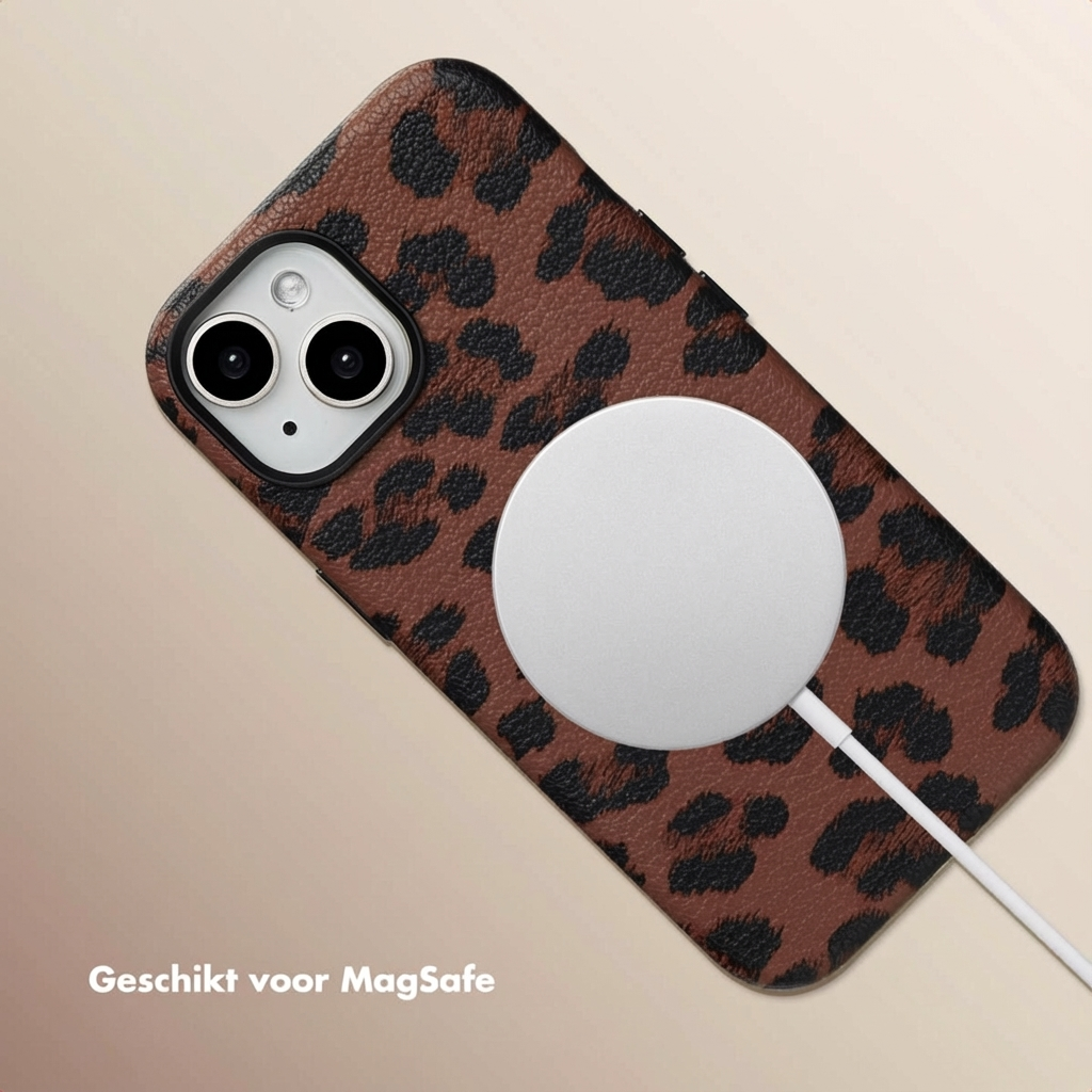 Brown leopard print phone case with MagSafe charger attached.