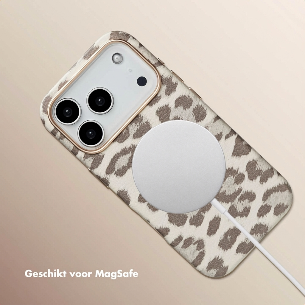 Custodia con stampa leopardata e caricatore MagSafe con cavo su sfondo neutro.