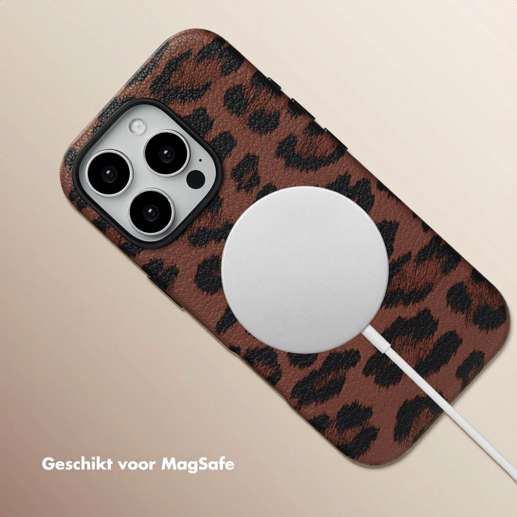 Custodia iPhone leopardata con caricabatterie MagSafe e cavo bianco.