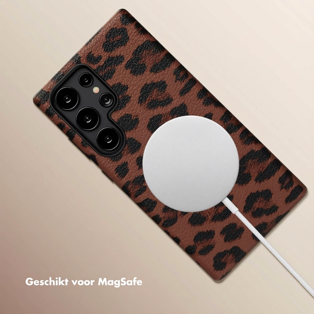 Bruine telefoonhoes met luipaardprint en MagSafe-oplader.