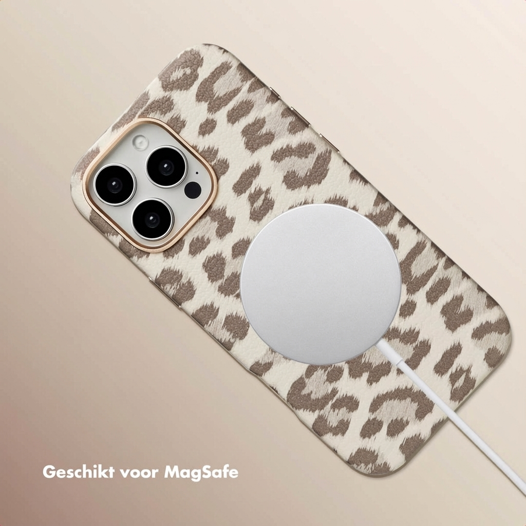 iPhone met luipaardprint hoesje en MagSafe lader.