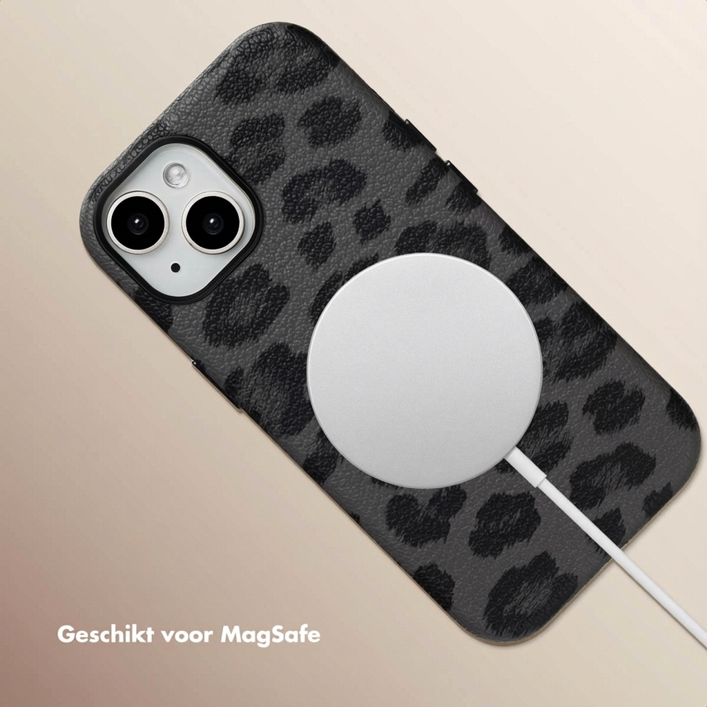 Grey leopard print phone case with MagSafe charger.