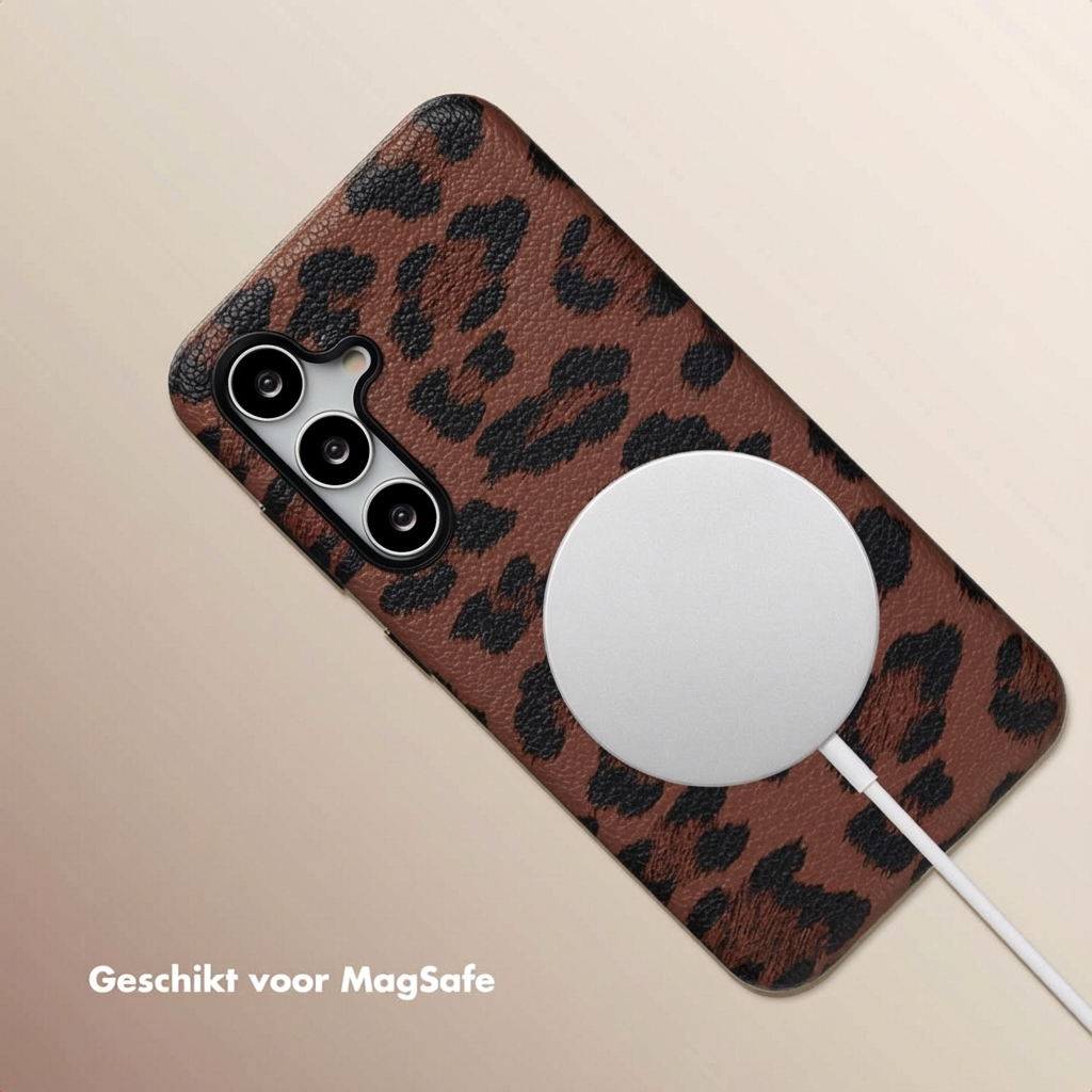 Bruine telefoonhoes met luipaardprint en MagSafe-oplader.