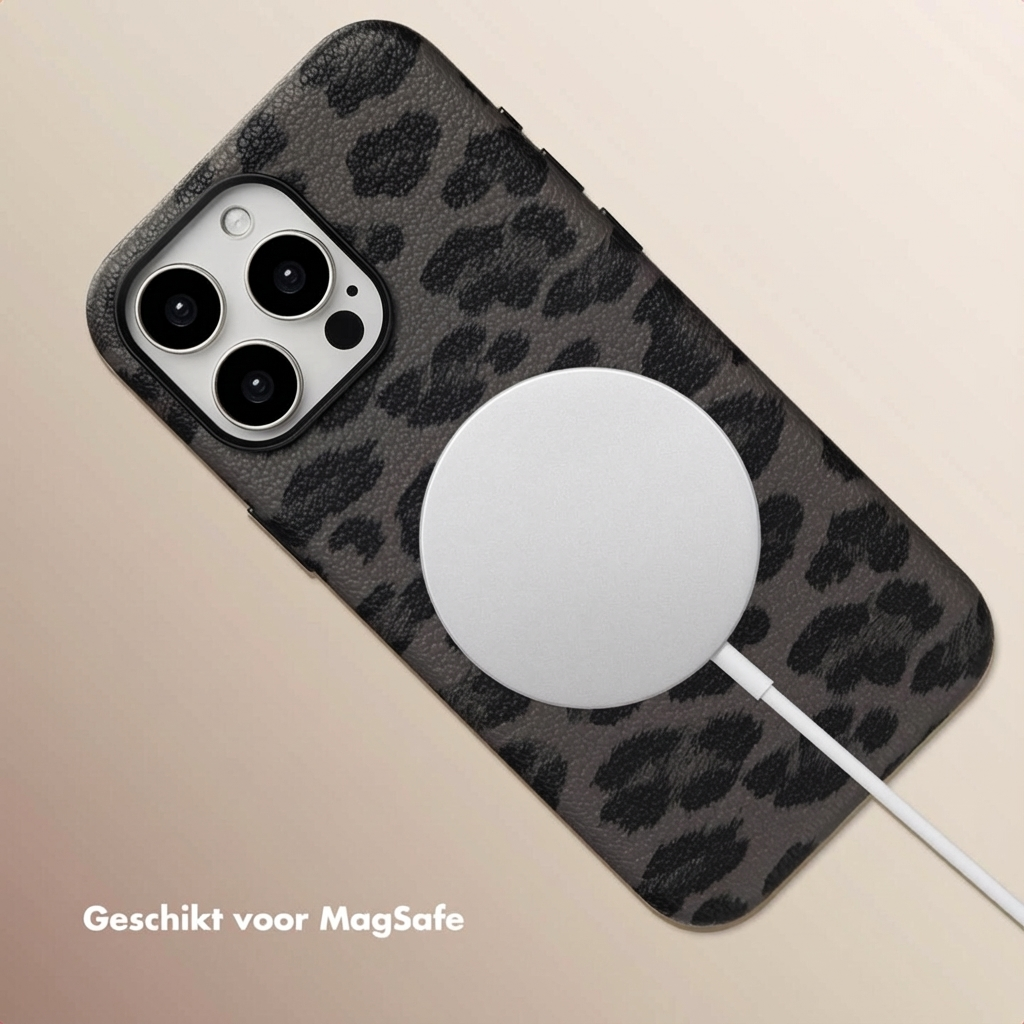 iPhone motif léopard avec chargeur MagSafe attaché
