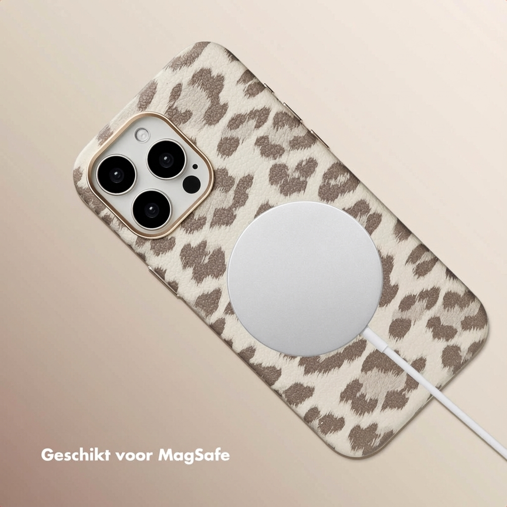 Un iPhone avec une coque léopard et chargeur MagSafe.