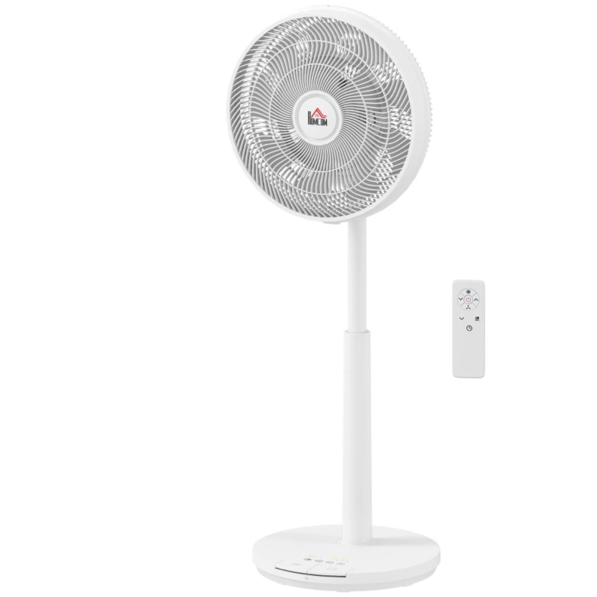 Ein weißer Standventilator mit Fernbedienung und Logo auf dem Gitter.