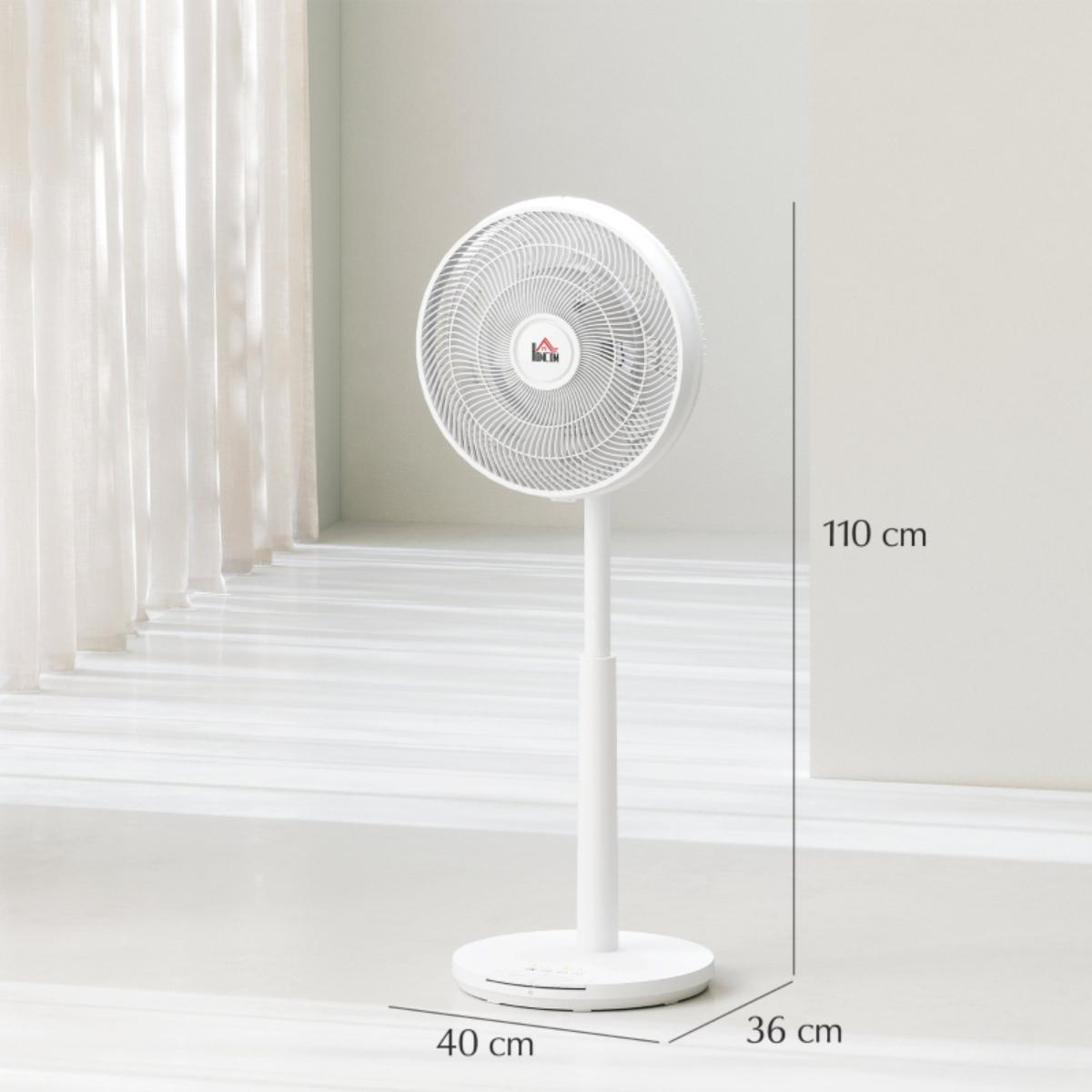 Ein weißer Standventilator mit rundem Kopf steht auf einem hellen Boden.