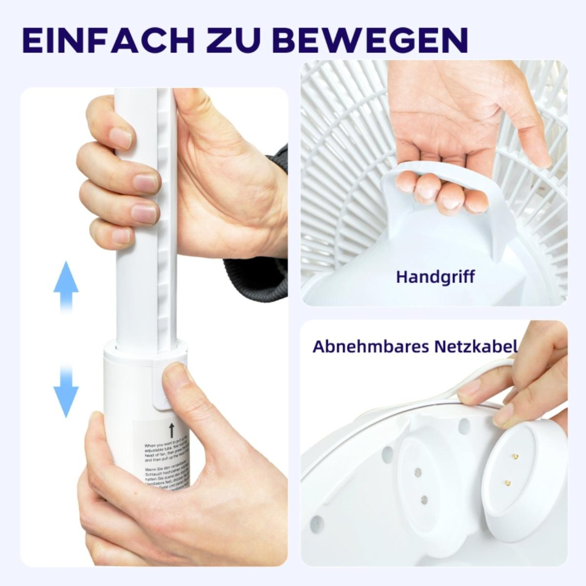 Ein weißer Ventilator mit Griff und abnehmbarem Kabel wird gezeigt.