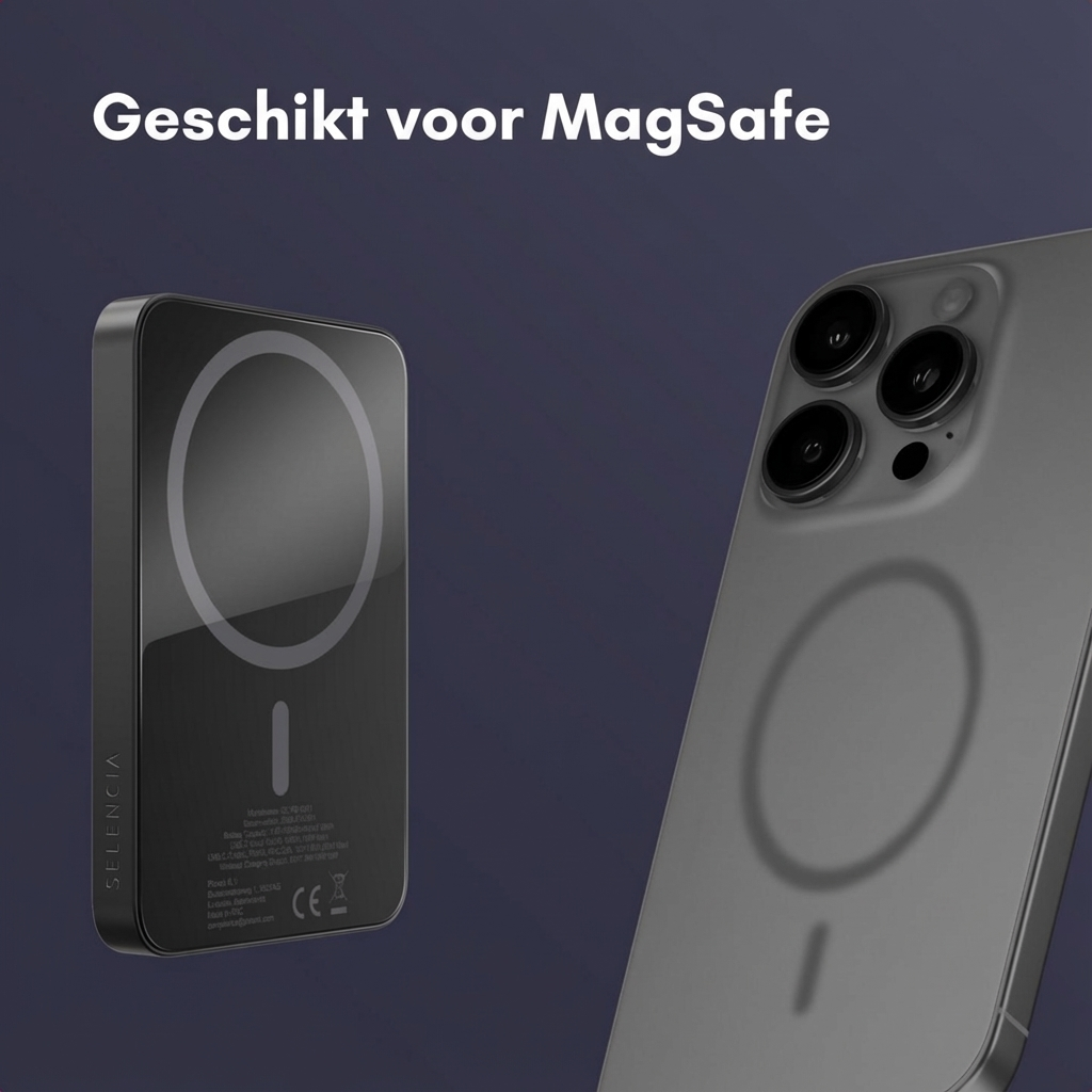 Zwarte MagSafe lader naast een grijze iPhone op donkere achtergrond.