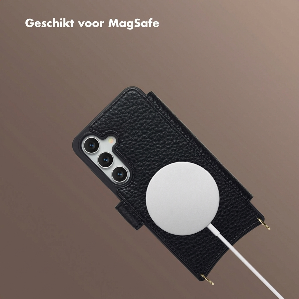 Zwarte telefoonhoes met MagSafe-oplader en kabel op bruine achtergrond.
