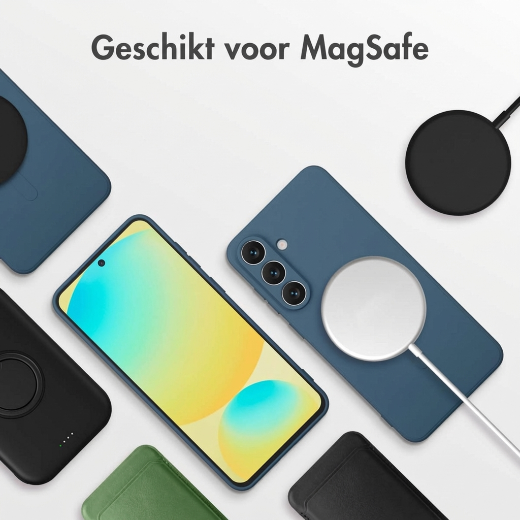 Meerdere telefoonhoesjes en MagSafe-laders op witte achtergrond.